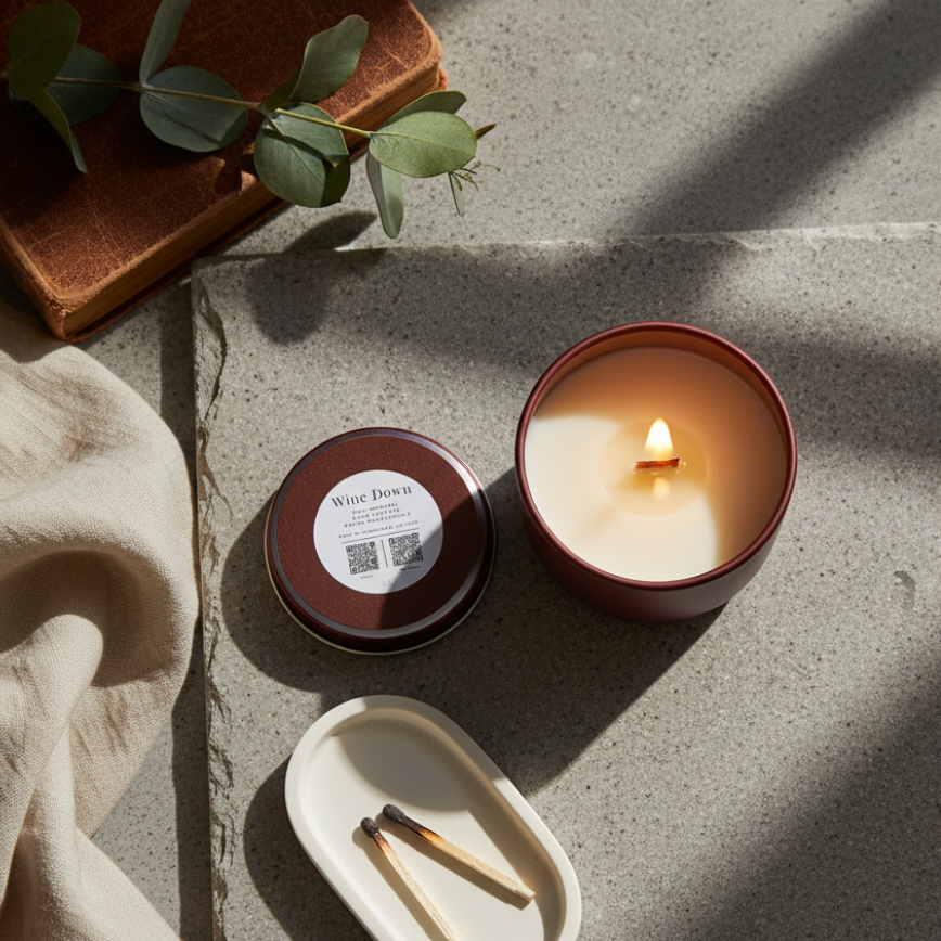 Lit candle in a brown container with a wooden coaster and eucalyptus leaves on a stone surface.