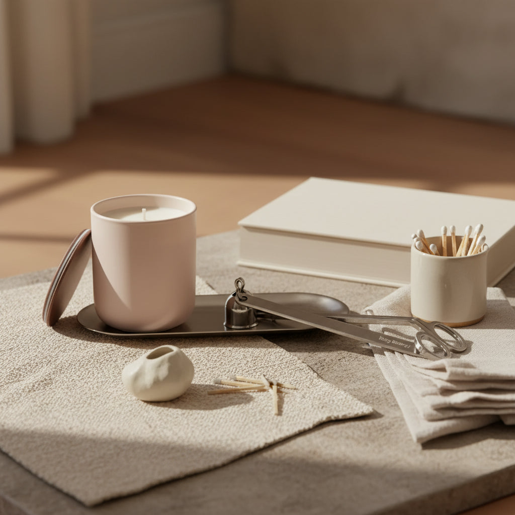 A candle with a pink container and a silver 3-piece accessory set placed on a tray, all presented on a neutral background.