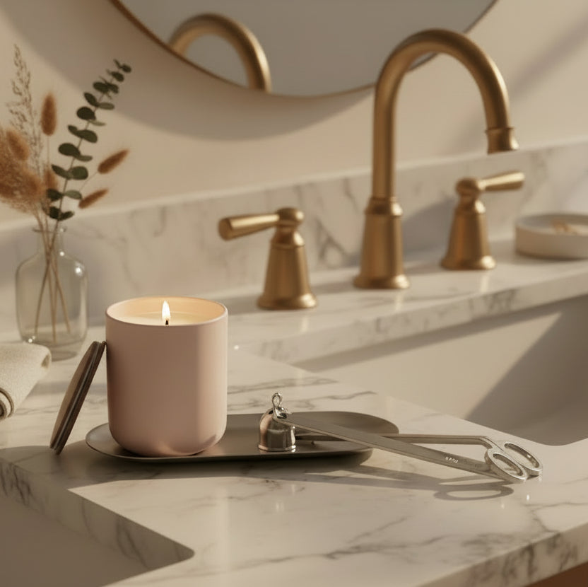 A candle with a pink container and a silver 3-piece accessory set placed on a tray, all presented on a neutral background.