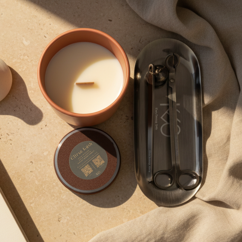 A candle with a pink container and a silver 3-piece accessory set placed on a tray, all presented on a neutral background.