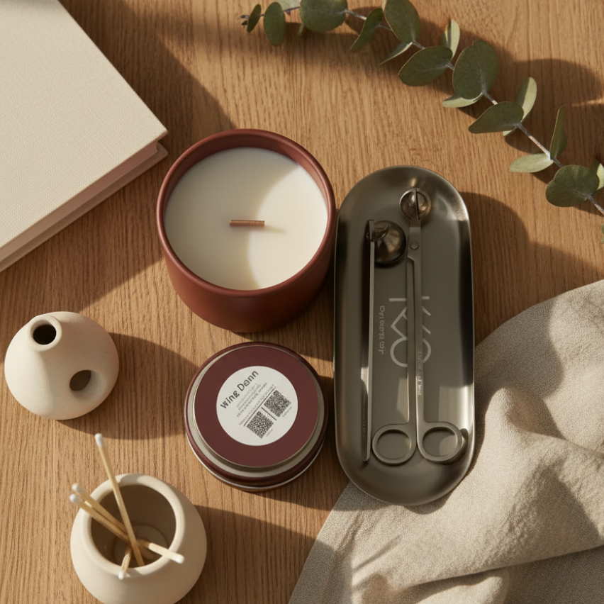 A candle with a pink container and a silver 3-piece accessory set placed on a tray, all presented on a neutral background.