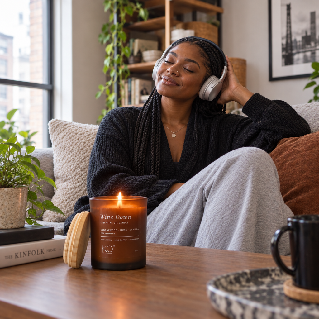 Fun Size Wine Down Candle & Curated Playlist.