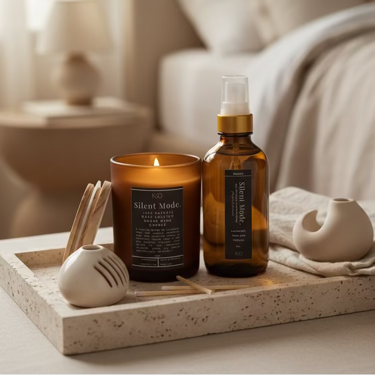 A soy and coconut wax blend candle with a wooden lid and a room spray bottle, both labeled Silent Mode, with lavender, sage, and vanilla scents.