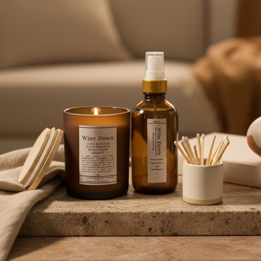 A soy and coconut wax blend candle with a wooden lid next to a room spray bottle, both labeled 'Wine Down', arranged on a table with a window in the background.