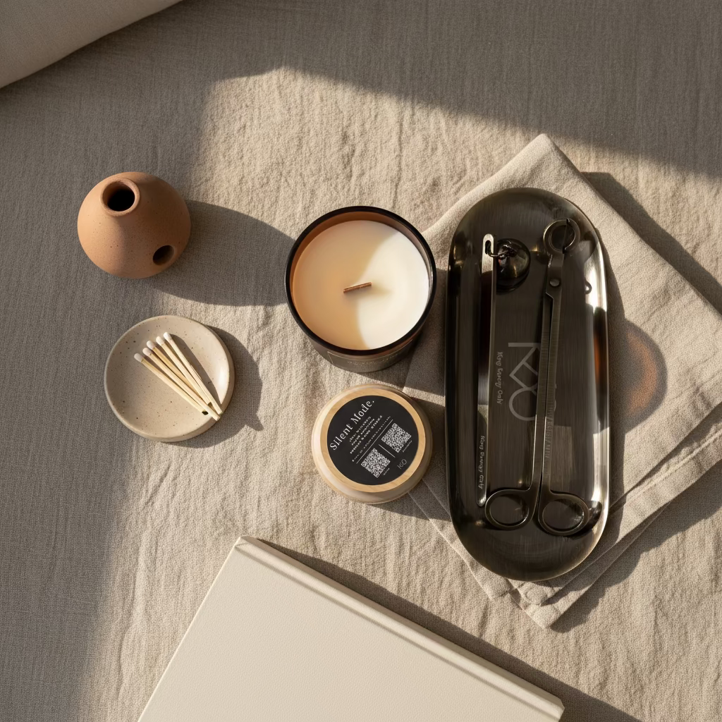 A fun-size candle next to a 3-piece accessory set including a candle snuffer, wick trimmer, and candle tray, with the KEO brand visible on the tray.