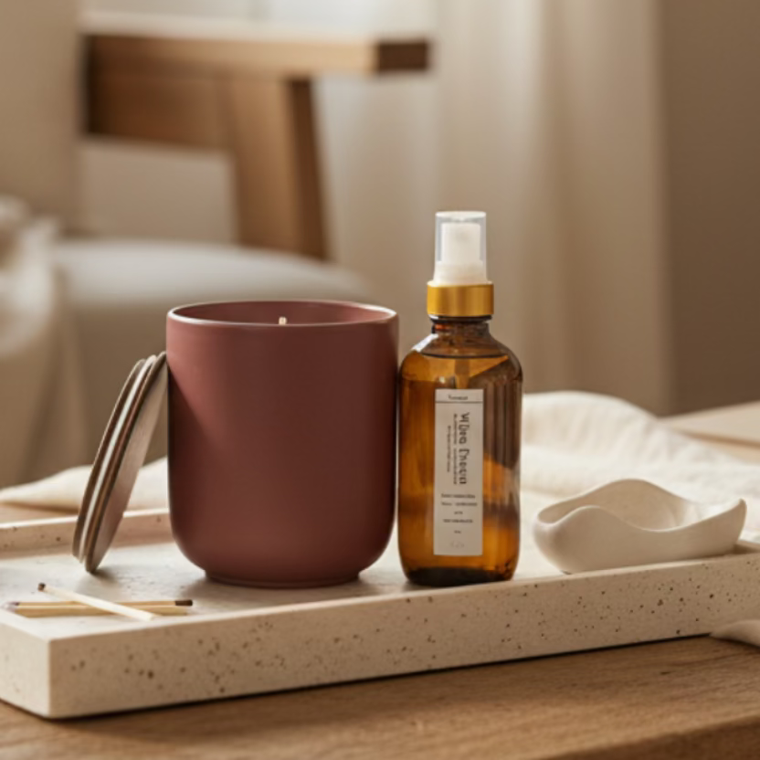 A maroon ceramic candle jar with a wooden lid, next to a brown glass bottle with a white spray nozzle, both with the 'Wine Down' label on the bottle, placed on a wooden surface with a cozy background.