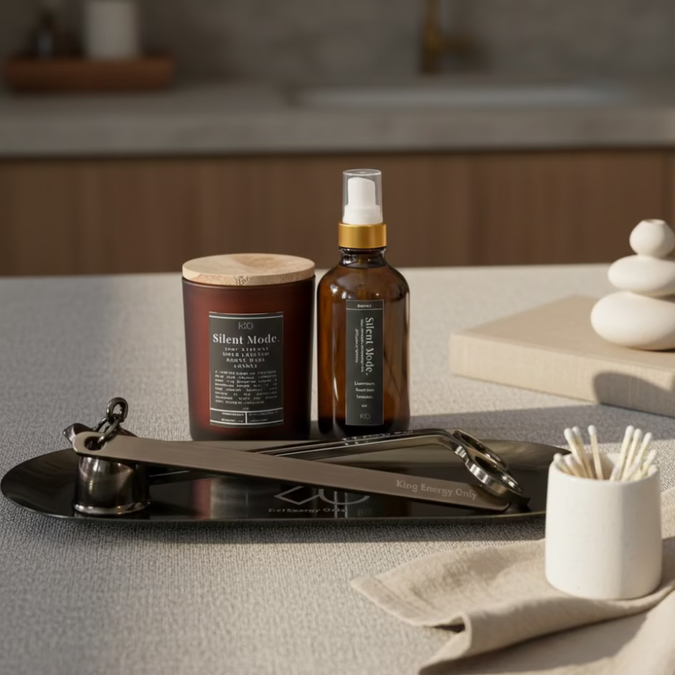 A set of home fragrance products including a candle, a Parfum d'Ambiance spray, and accessories displayed on a metal tray on top of a white surface.
