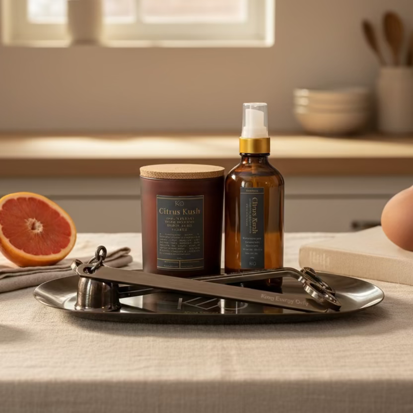 A set of home fragrance products including a candle, a Parfum d'Ambiance spray, and accessories displayed on a metal tray on top of a white surface.