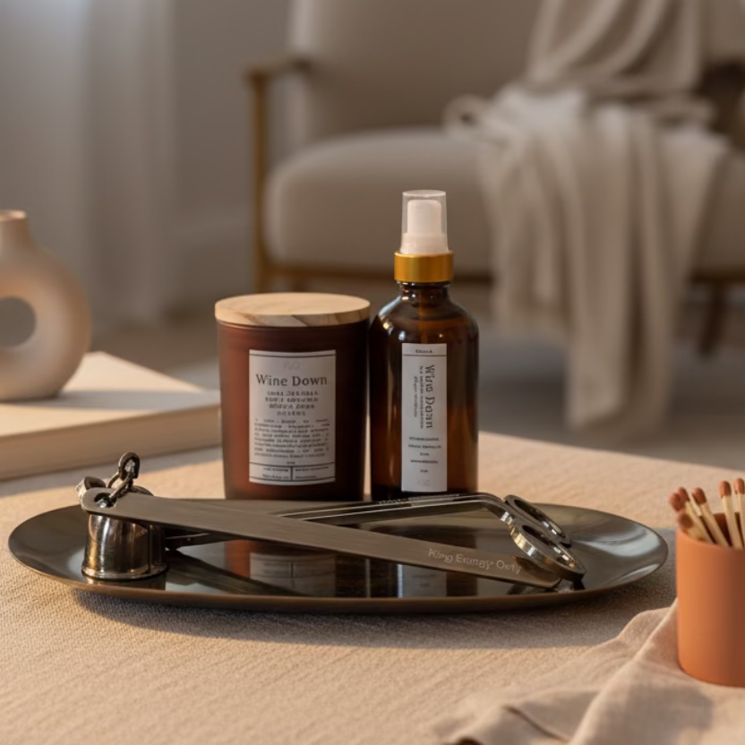 A set of home fragrance products including a candle, a Parfum d'Ambiance spray, and accessories displayed on a metal tray on top of a white surface.