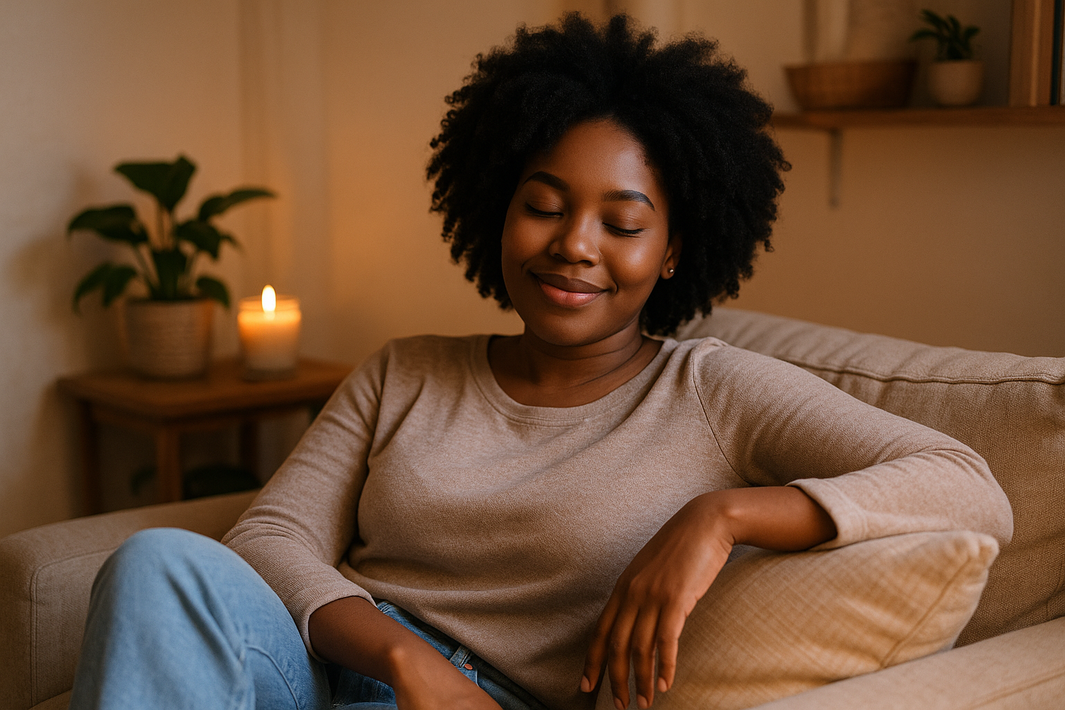 black woman relaxing in her apartment with a candle in the background